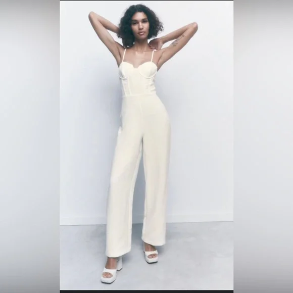 ZARA WIDE LEG PALAZZO CORSETRY INSPIRED JUMPSUIT CORSET LIKE  WHITE XS - Picture 3 of 5